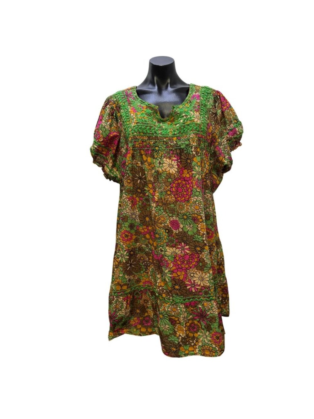Sister Mary Floral Embroidered Boho Dress Brown Multi XL
